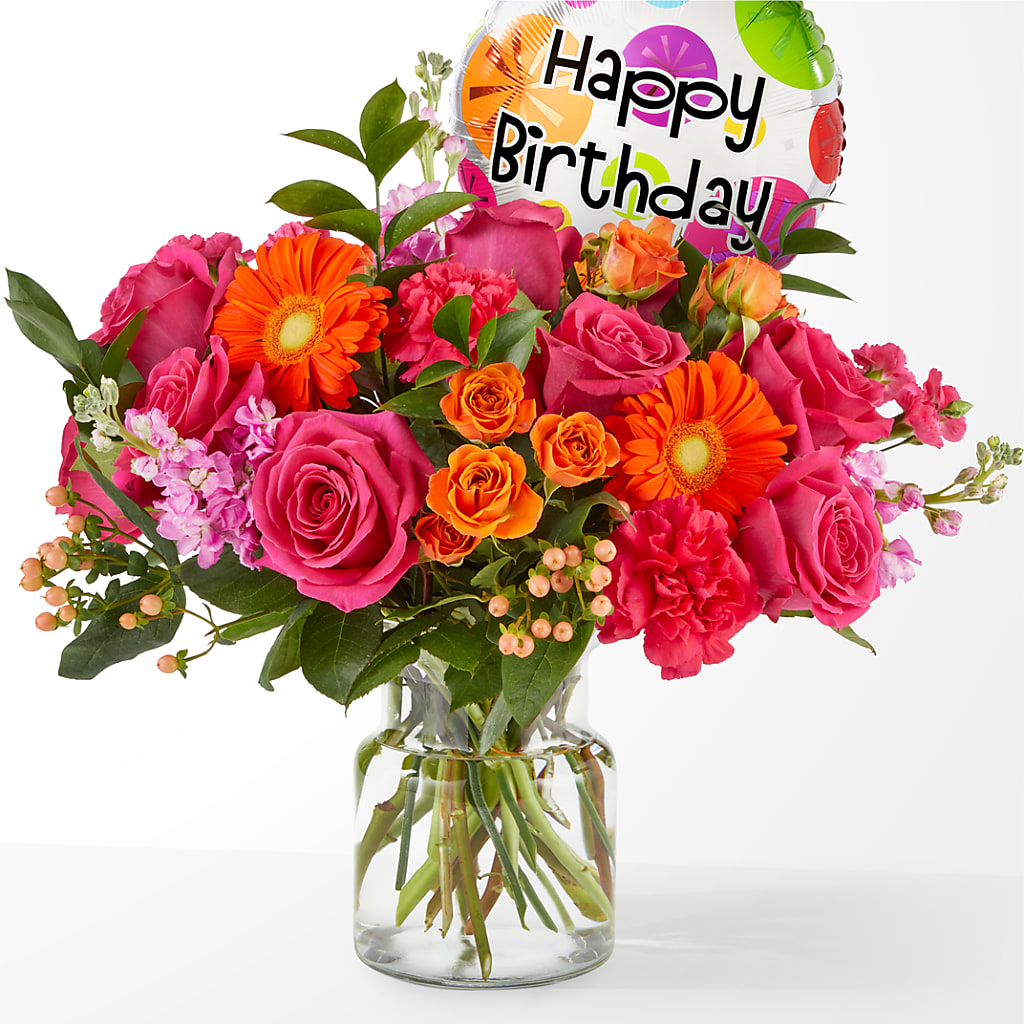 Fiesta Bouquet with Birthday Balloon – PETALS & HEARTS FLOWER SHOP, Monterey Park CA