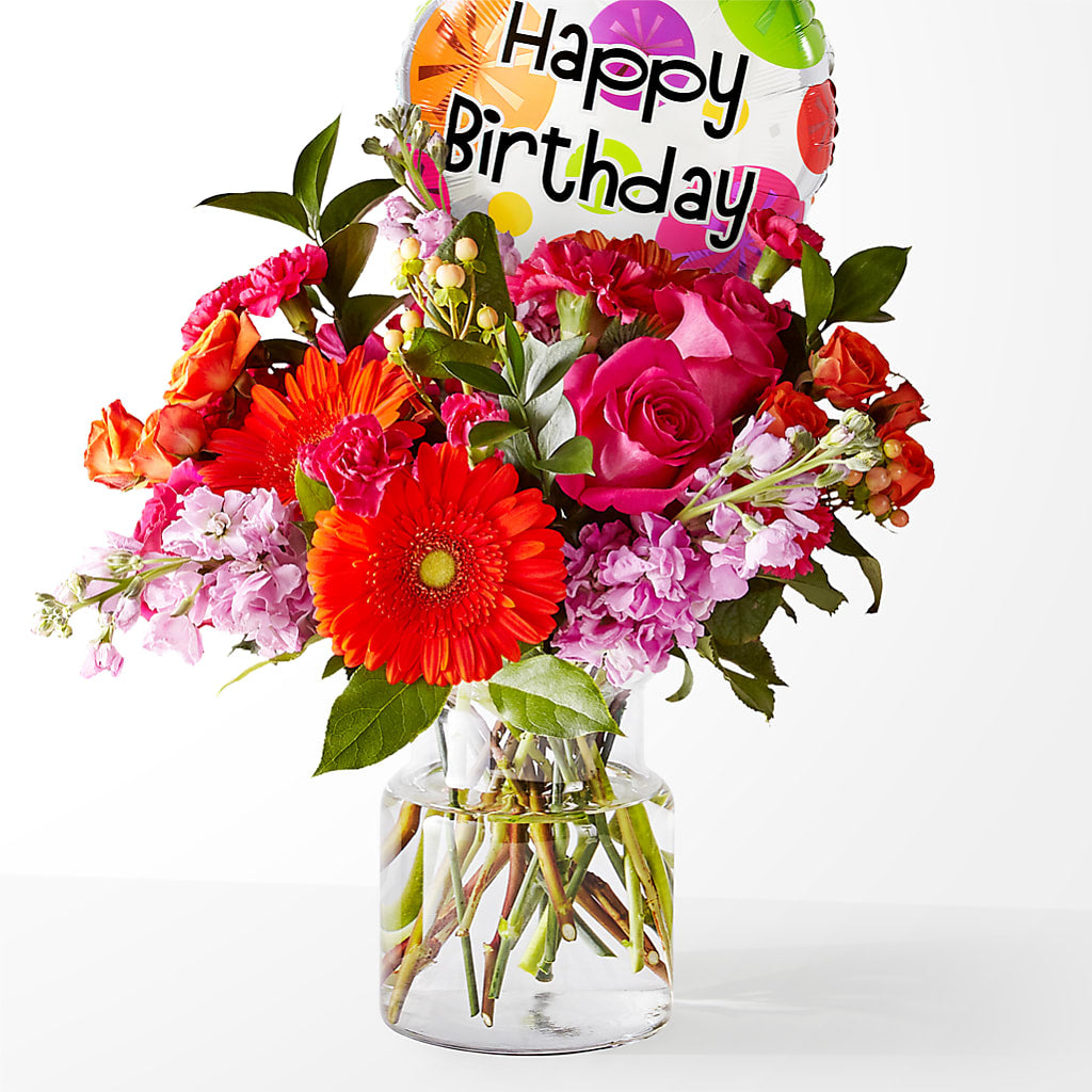 Fiesta Bouquet with Birthday Balloon – PETALS & HEARTS FLOWER SHOP, Monterey Park CA