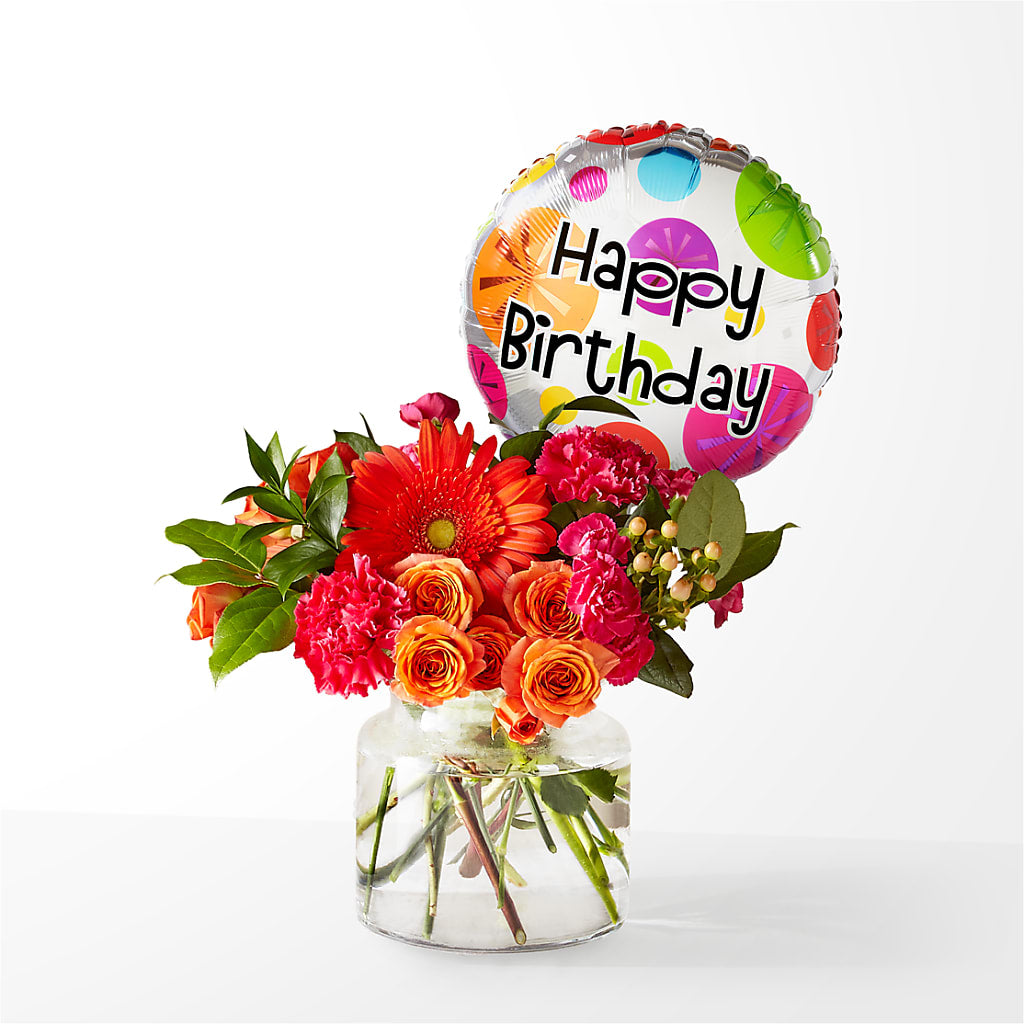 Fiesta Bouquet with Birthday Balloon – PETALS & HEARTS FLOWER SHOP, Monterey Park CA