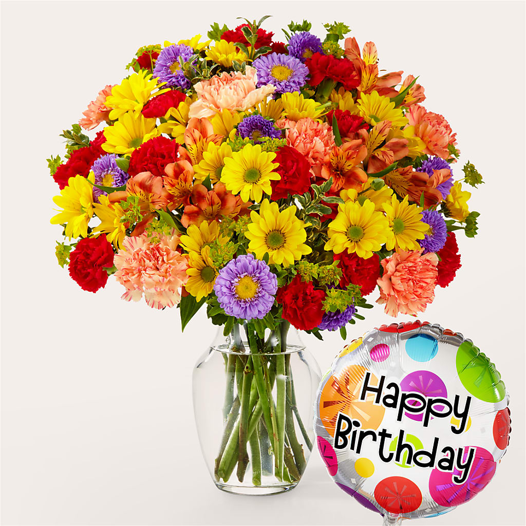 Kaleidoscope Bouquet with Birthday Balloon – PETALS & HEARTS FLOWER SHOP, Monterey Park CA