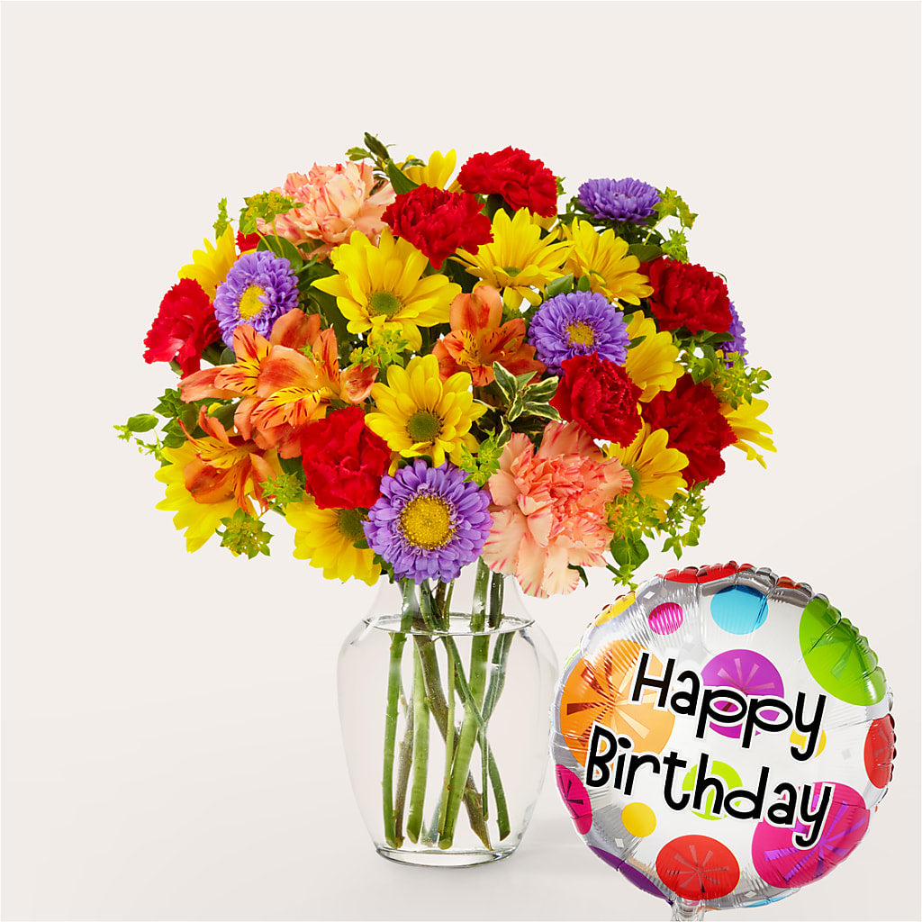 Kaleidoscope Bouquet with Birthday Balloon – PETALS & HEARTS FLOWER SHOP, Monterey Park CA