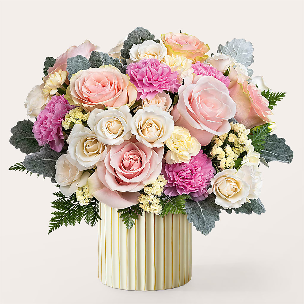 Blissful Moments Bouquet with Ivory Vase – PETALS & HEARTS FLOWER SHOP, Monterey Park CA