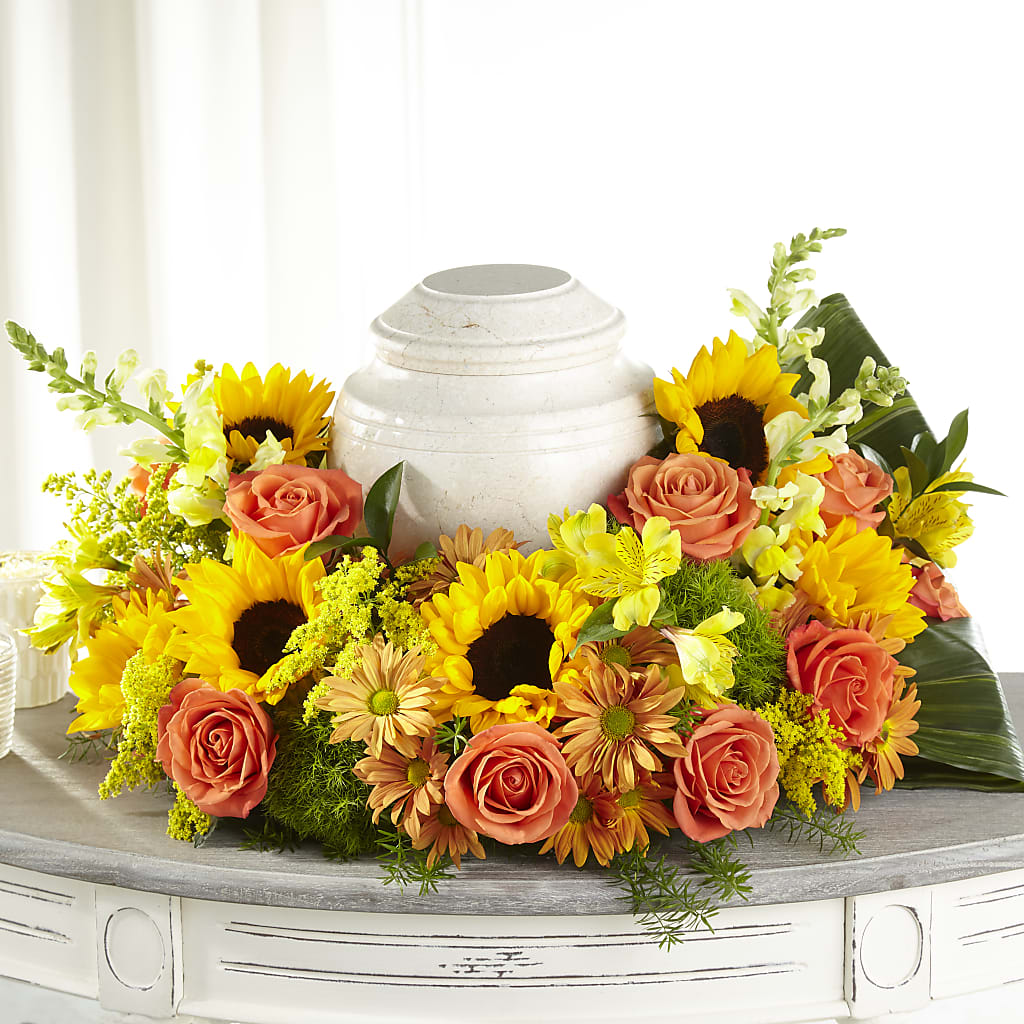 Faithful Sunflower Cremation Adornment – PETALS & HEARTS FLOWER SHOP, Monterey Park CA