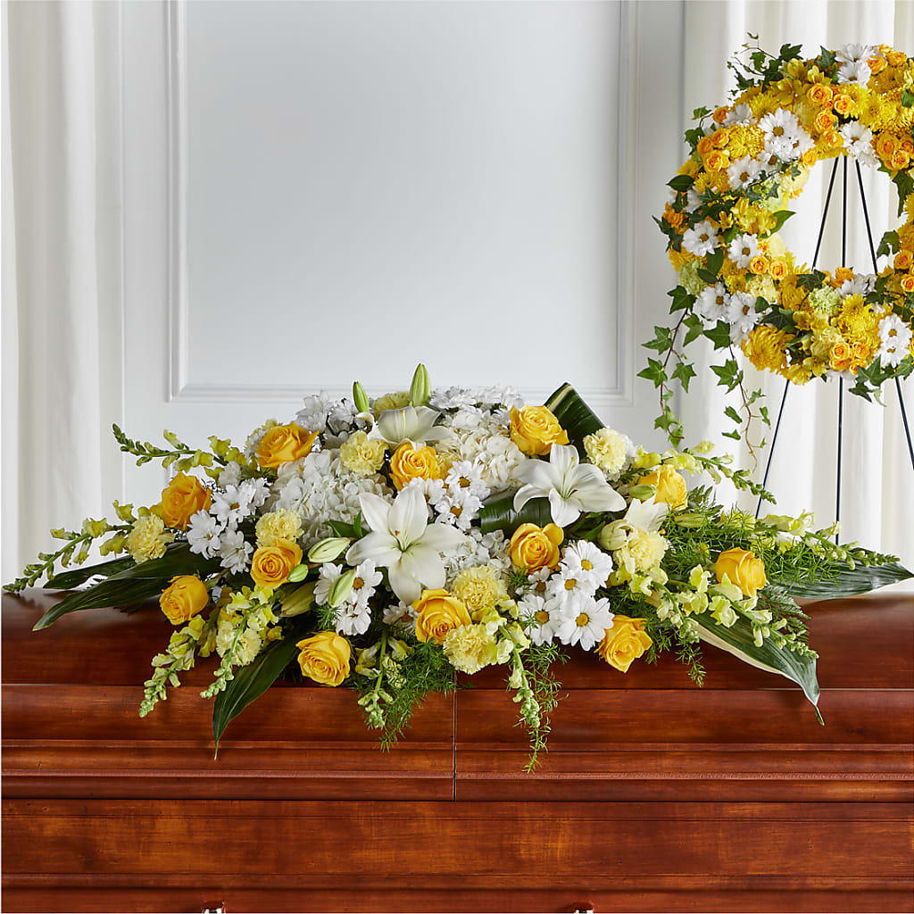Golden Harmony Casket Spray – PETALS & HEARTS FLOWER SHOP, Monterey Park CA
