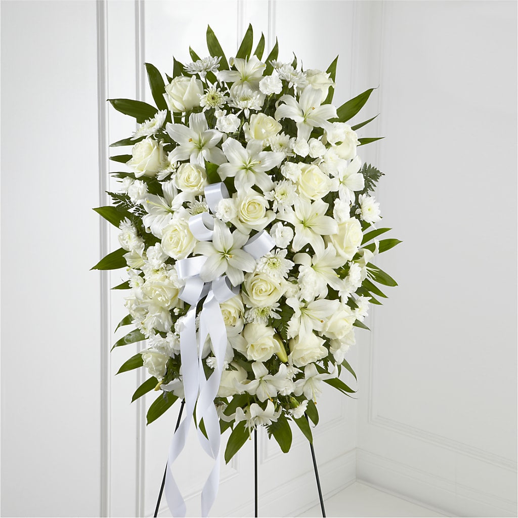 Exquisite Tribute Standing Spray-White Ribbon – PETALS & HEARTS FLOWER SHOP, Monterey Park CA