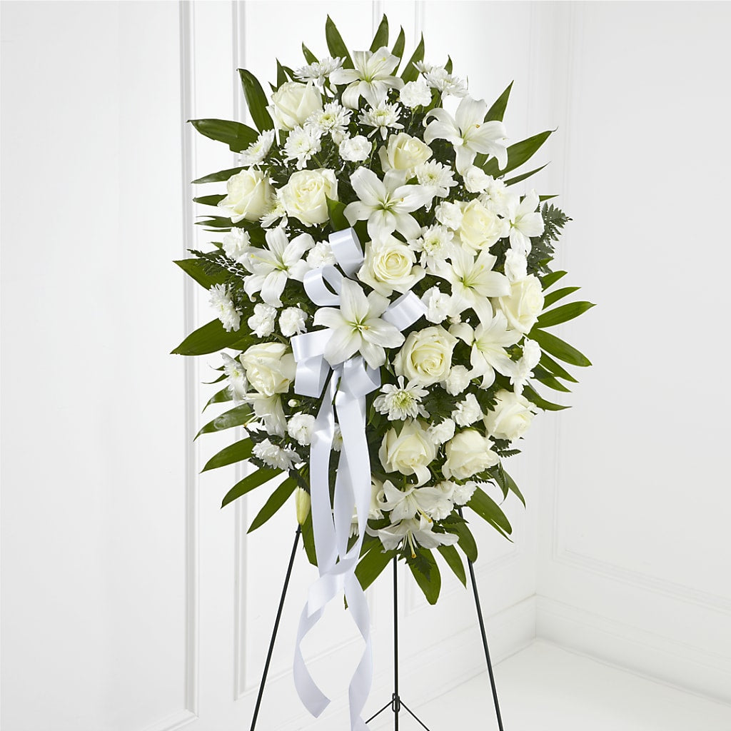 Exquisite Tribute Standing Spray-White Ribbon – PETALS & HEARTS FLOWER SHOP, Monterey Park CA