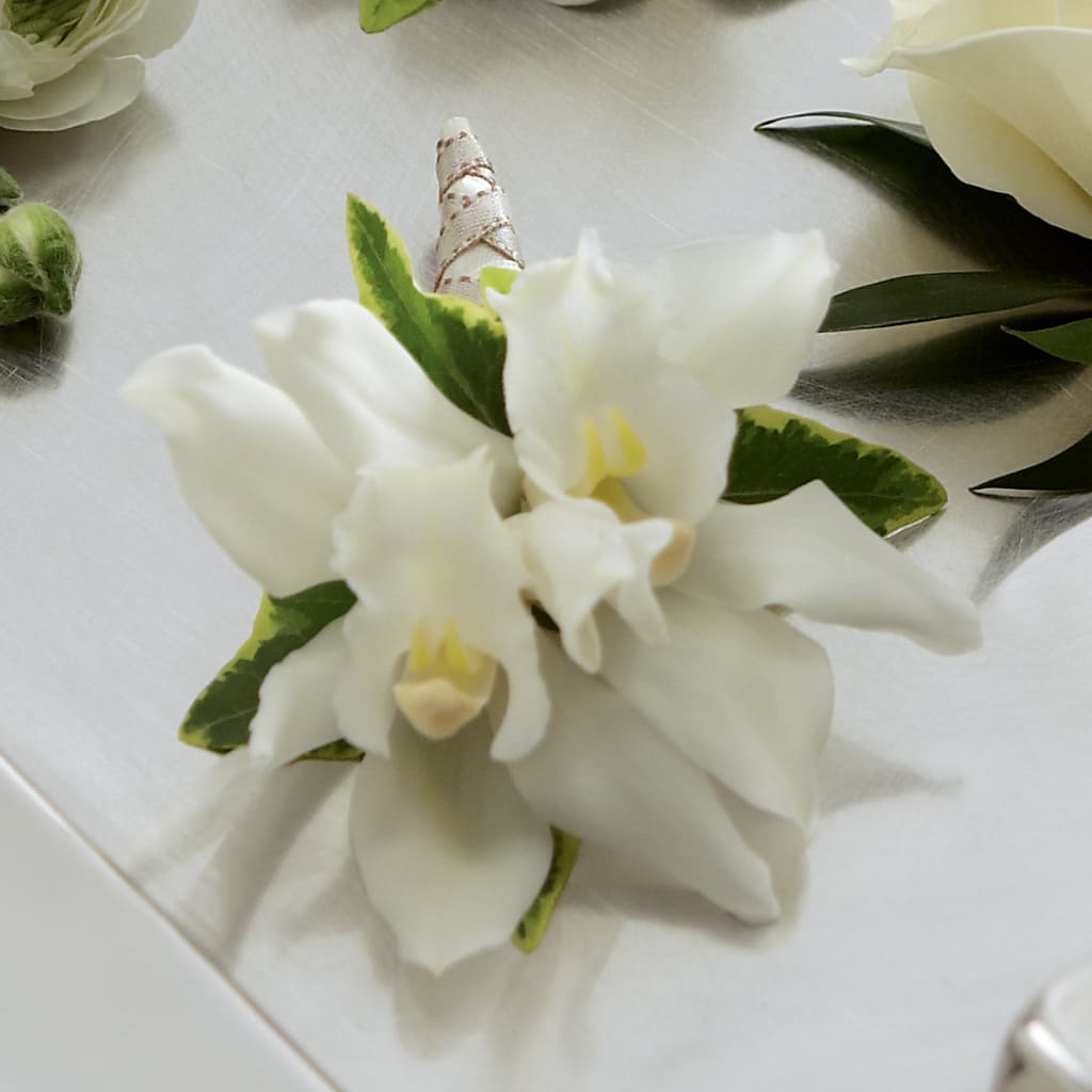White Mini Cymbidium Boutonniere – PETALS & HEARTS FLOWER SHOP, Monterey Park CA